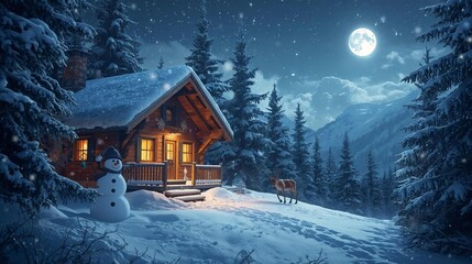 Enchanting winter night scene featuring a cozy cabin glowing warmly in a snow-covered forest, illuminated by a radiant full moon, evoking peace and holiday magic