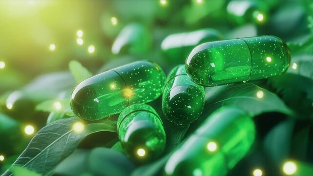 Close-Up Green Capsules Resting on Lush Leaves Representing Herbal Supplements for Wellness and Vibrant Natural Health in Still Clean Organic Cinematic Composition