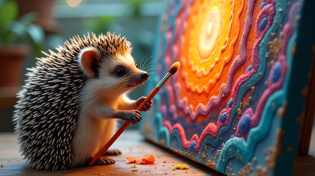 A charming hedgehog artist painting a vibrant, glowing abstract artwork with a small brush, expressing creativity