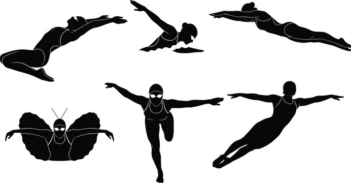 Set of swimming silhouettes black vector illustration, various poses for competition, athlete practice, training, healthy lifestyle, water sport activity, isolated on white background.