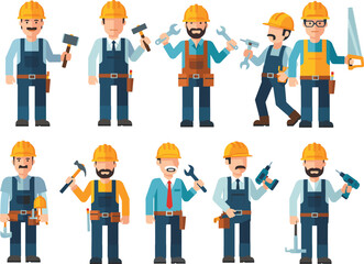 Set of Ten Construction Workers, Builders, and Handymen Holding Tools in Various Poses, Detailed Flat Vector Illustration Collection for Repair, Labor, and Service Concepts