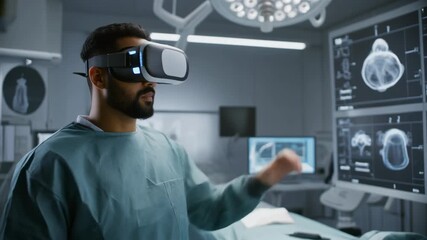 A surgeon in scrubs uses a virtual reality headset to review medical scans in a high-tech operating room, interacting with 3D anatomical data. - Powered by Adobe