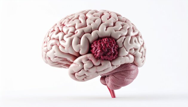 3D medical illustration of a human brain showing a highlighted tumor mass. Detailed anatomical structure, clean white background, suitable for educational and healthcare conten - Powered by Adobe