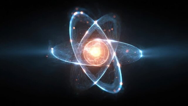 Atom's Dance in Cosmos: An illuminating illustration of an atom's essence. The radiant core of the atom, embraced by elegant orbits, captures the wonder of science.