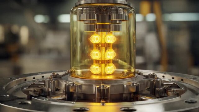 Illuminating Innovation: A close-up view of a cutting-edge scientific apparatus, with glowing lights encased in a transparent vessel, showcasing technological advancement and research.