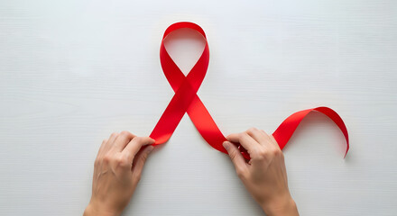 Hands carefully shaping a vibrant red ribbon, symbolizing hope and awareness for a healthier future; perfect for campaigns needing compassion and empathy