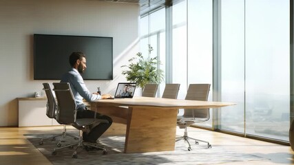 Modern businessman working remotely in a bright conference room with panoramic city views, using a laptop for a virtual meeting. Professional workspace with natural daylight ambiance - Powered by Adobe