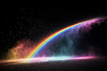 Shimmering rainbow light. Rays. Circle. Arch-shaped. Black background.