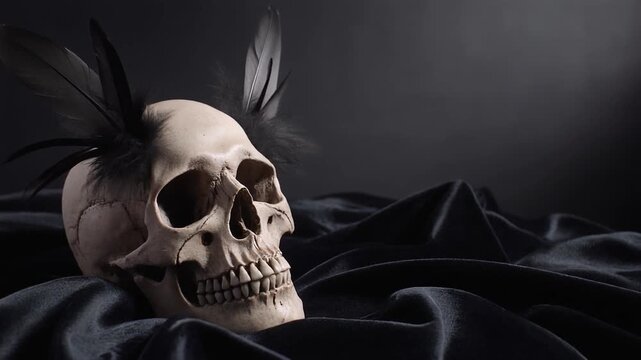 Skull with crow feathers attached, lying on black velvet cloth