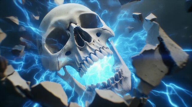 Skull cracked open with glowing blue energy leaking out