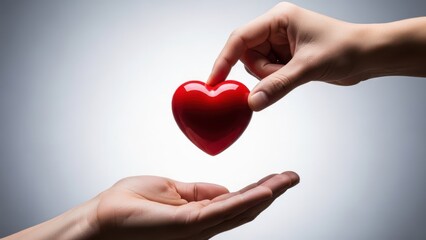 Fototapeta premium Closeup of a hand gently giving a small, shiny red heart object to another open hand below, symbolizing love, care, donation, or relationship exchange against a soft gray background