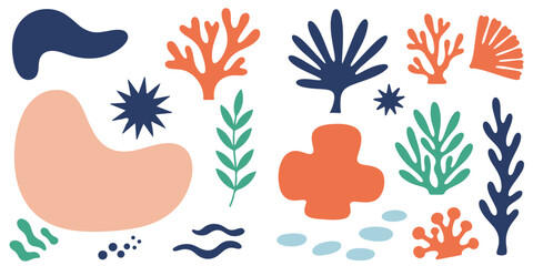 Abstract patterns in retro-modern style with botanical illustration. Matisse's drawing aesthetics