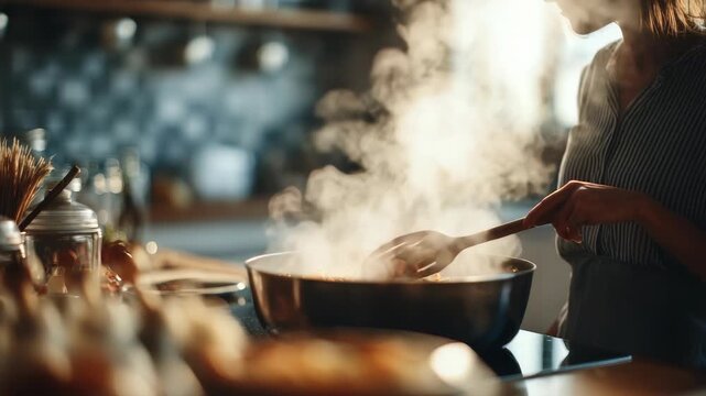 A woman prepares a delicious homemade meal in a cozy kitchen, stirring a steaming pot with aromatic food. Warm sunlight highlights the inviting atmosphere and culinary creativity