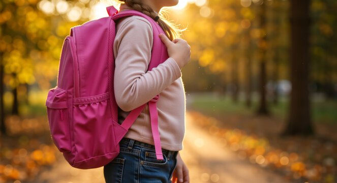Close up crop shot of young girl with a pink backpack in an autumn park. Copy space for text. Student on her way to school during a golden hour sunset. Back to school and education concept
