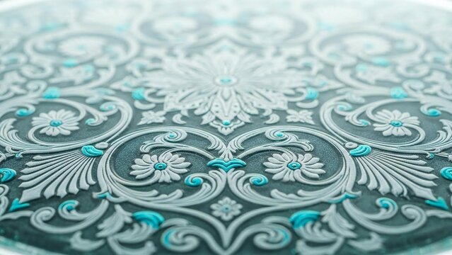 Elegant close-up of a traditional islamic arabesque pattern with intricate floral details and turquoise accents