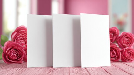 Clean White Greeting Card on Pastel Pink Table Surrounded by Blurred Roses Ready for Personalization