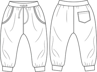 Technical Fashion CAD Drawing Flat Vector Illustration of Baggy Harem Style Kids Jogger Pants with Drawstring and Cuff, Front and Back View © MdMohibul