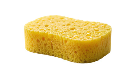 A porous yellow rectangular sponge, ideal for various cleaning applications, is isolated on a clean transparent background