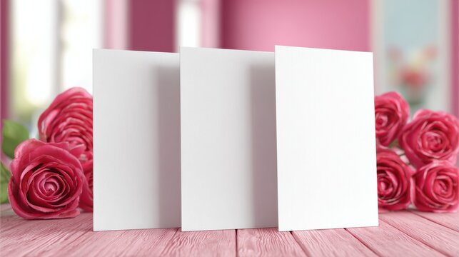 Clean White Greeting Card on Pastel Pink Table Surrounded by Blurred Roses Ready for Personalization