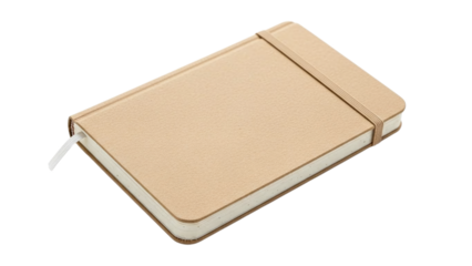 Beige cork texture notebook with elastic band and bookmark, perfect for notes, journaling, or office use, isolated on transparent background