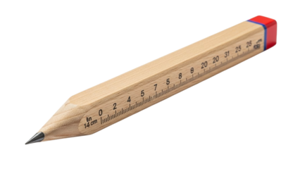 A wooden pencil designed with integrated ruler markings along its body, featuring a red eraser, isolated on transparent background