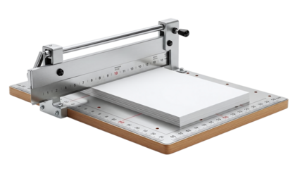 Professional paper cutter with a stack of white paper, ready for precise trimming and crafting, isolated on transparent background
