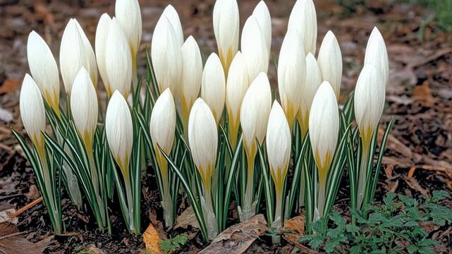 Beautiful White Crocus Flowers Blooming in Early Spring Garden Flowers, Nature Background, Close