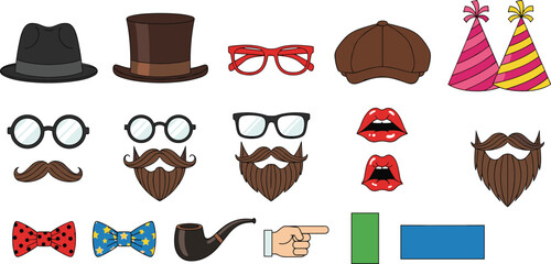 Photo booth props set, funny disguise accessories, hats glasses mustaches beards, party costume elements, colorful vector collection for celebration