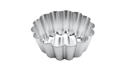 Empty silver fluted baking mold, a shiny metallic kitchen utensil for baking cakes, tarts, and pastries, isolated on transparent background