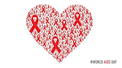 Heart shape composed of many red awareness ribbons symbolizing world aids day, isolated on white background
