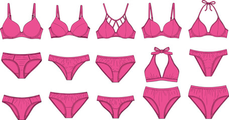 Pink lingerie and underwear set illustration featuring bras and panties, stylish women's intimate apparel collection, fashion garment design elements for clothing projects