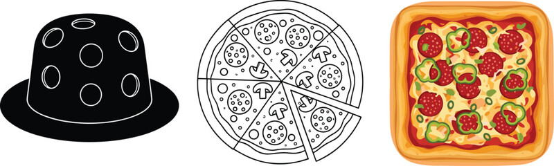 Pizza food illustration set with sliced round pizza, square pepperoni pizza, and kitchen cooking bowl icons for culinary design.