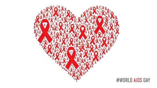 Heart shape composed of many red awareness ribbons symbolizing world aids day, isolated on white background - Powered by Adobe