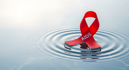 Symbol of hope red AIDS ribbon resting gently on water's surface, creating ripples of awareness and support for prevention and research, symbolizing compassion