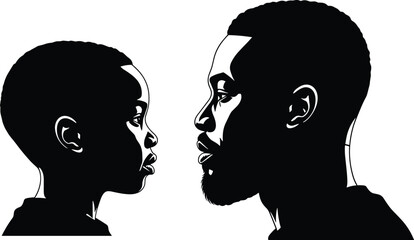 Boy and man profile silhouette vector, generational contrast, black illustration, family connection, growth concept, mentorship, minimal design artwork