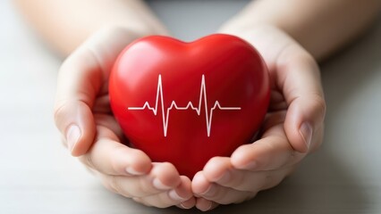 Pair of hands gently cupping and protecting a bright red heart model featuring a white electrocardiogram ecg heartbeat line, symbolizing cardiac health, care, and life support