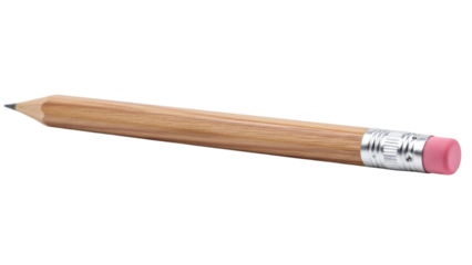 A compact wooden pencil with a sharpened graphite tip and a pink rubber eraser, ready for writing or sketching, isolated on transparent background