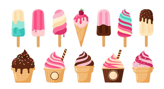 A colorful array of sweet and refreshing ice cream desserts like popsicles, cones, and cups, isolated on a white background, perfect for summer menus.