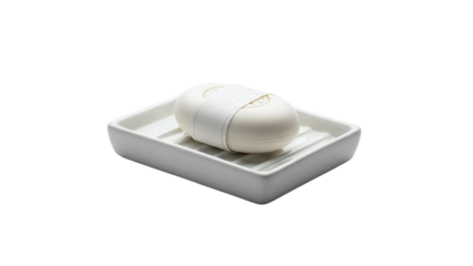 A fresh white bar of soap sits in a simple ceramic soap dish, ready for personal hygiene and cleanliness, isolated on transparent background