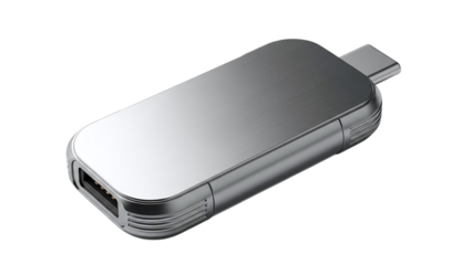 Sleek silver usbc to usba adapter for modern devices, enabling seamless connectivity and data transfer, isolated on transparent background