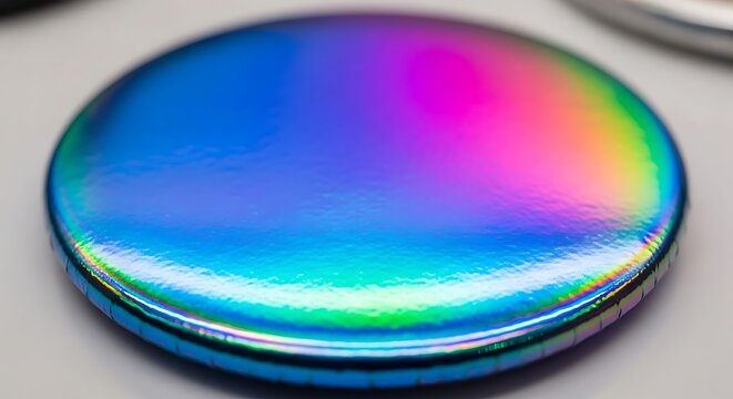 Iridescent button with rainbow colors reflecting on surface for visual appeal