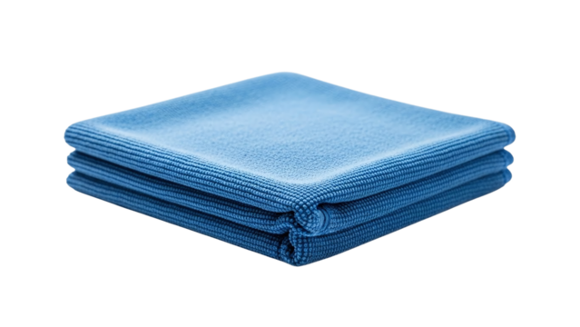 A neatly folded blue microfiber cloth, often used for cleaning and detailing, presented on a clean transparent background, isolated on transparent background