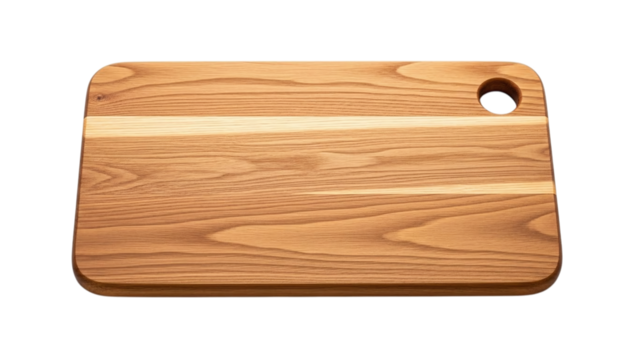 Rectangular wooden cutting board with a hole for hanging, isolated on transparent background, perfect for kitchen and food preparation