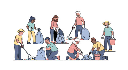 Diverse group volunteering at community cleanup event, promoting environmental awareness and teamwork, fostering a sense of community responsibility