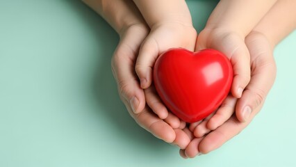 Fototapeta premium Adult and child hands gently cupping and holding a bright red, glossy heart shape against a soft, light mint green background, symbolizing love, care, and family connection