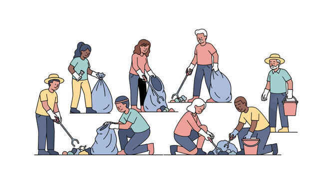 Diverse group volunteering at community cleanup event, promoting environmental awareness and teamwork, fostering a sense of community responsibility