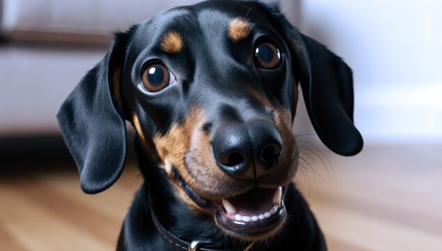 Adorable black and tan dachshund puppy with a cute face looking directly at the camera indoors on wooden floor