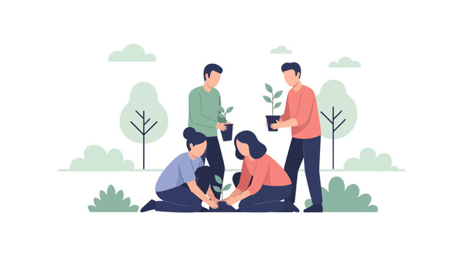 Team planting trees for a sustainable future, nurturing nature and growth, embodying unity and teamwork for environmental responsibility and conservation