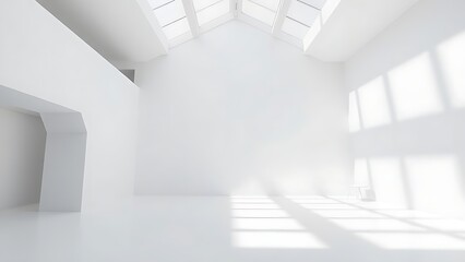Fototapeta premium asymmetry. Minimalist white architectural space with clean geometric lines and subtle shadow interplay, real-estate listings.