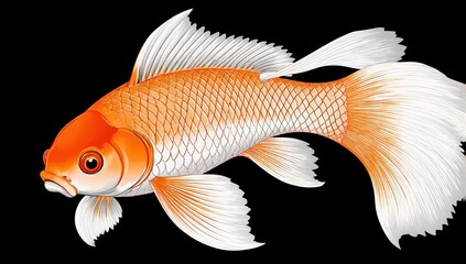 A beautiful orange and white goldfish swimming gracefully in a dark environment with detailed scales and fins